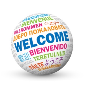 "WELCOME" sphere icon with translations in various languages